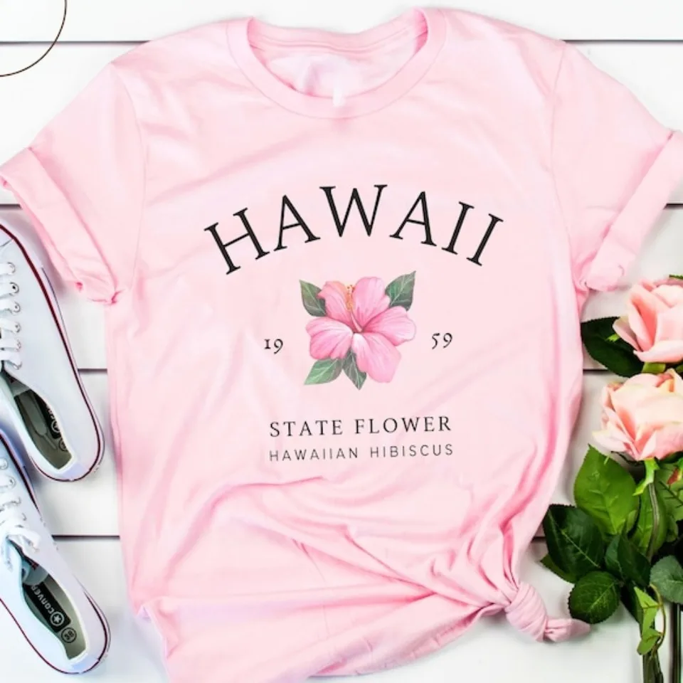 Women's Hawaiian Cotton T-Shirt Pink Flower Tropical