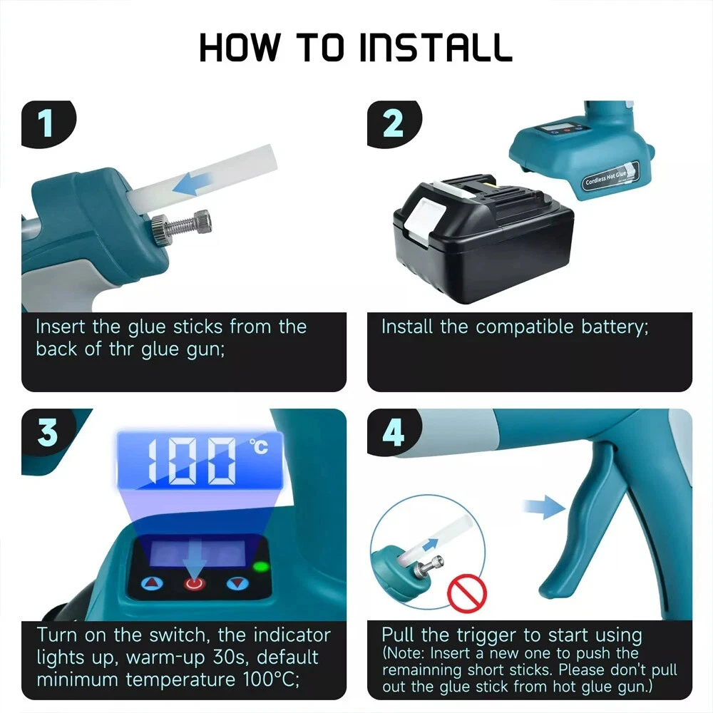 Newest Cordless Hot Melt Glue Gun with 10PCS 11mm Glue Sticks for Makita/Dewalt/Milwaukee/Bosch/Ryobi 18V Li-ion Battery view 4