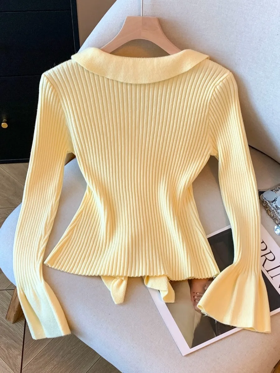 Damen V-Ne Strickwaren Long Sve Bell Sve Bouffant Saum Self-Reserve Sle Koreanische Version Slim Fit Winter Neu eingetroffen