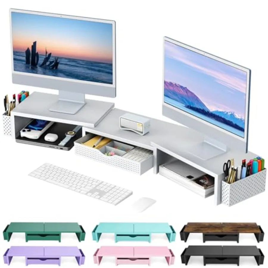 

Dual Monitor Stand Riser Desk Organizer With Drawer and 2 Pen Holders Monitor Stand for Desk Office Decor Essentials White