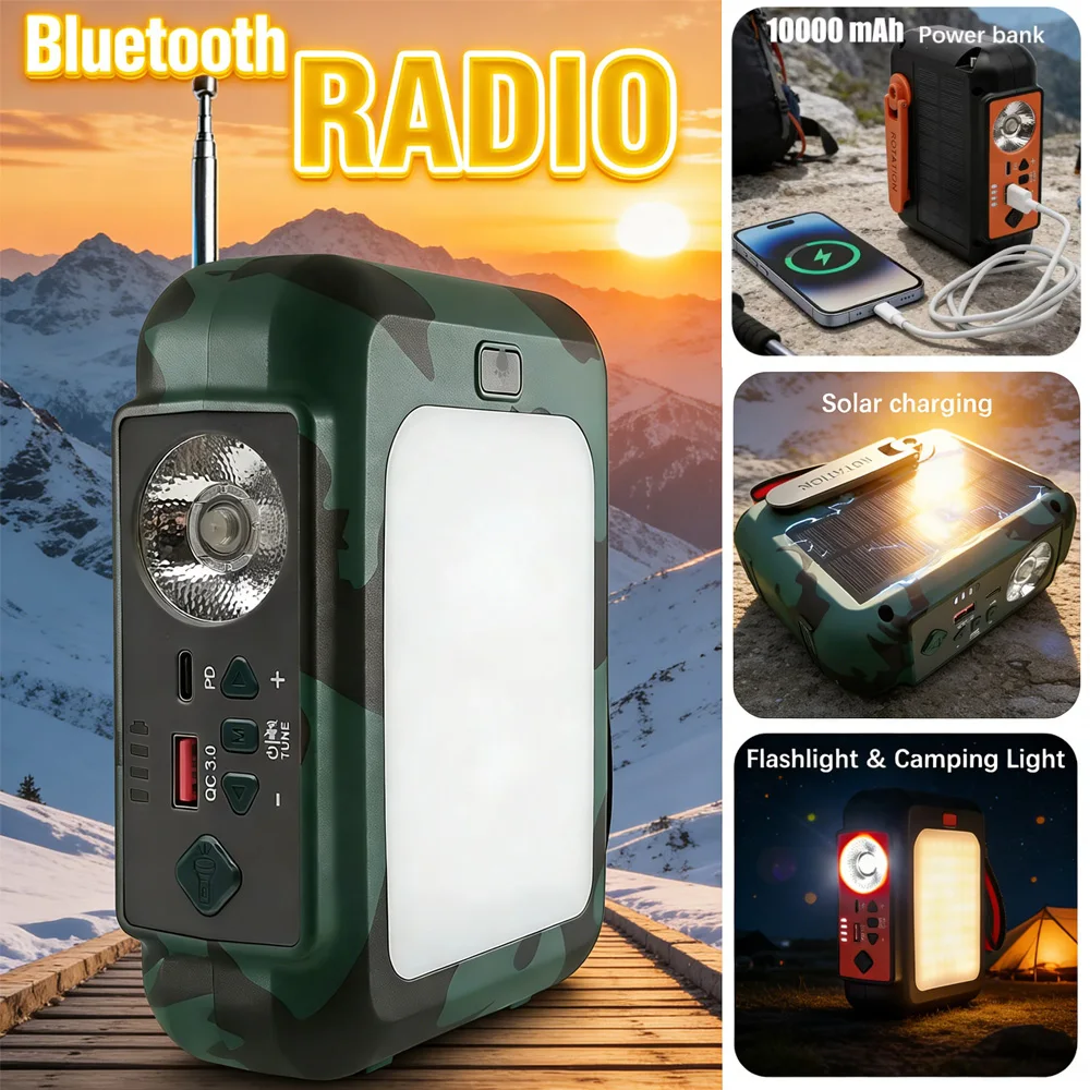 

Портативное аварийное солнечное радио | Ручная зарядка + аккумулятор емкостью 10000 мАч, многодиапазонное FM-радио, светодиодный фонарик, Bluetooth