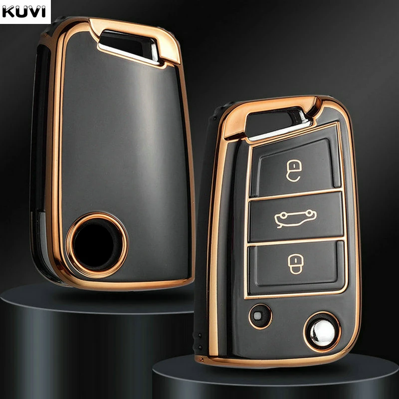 Kuvi TPU Car Flip Key Case Cover Shell Fob For VW Volkswagen Golf 7 MK7 Tiguan MK2 SEAT Ateca Leon FR 2 Ibiza Skoda Octavia A7
