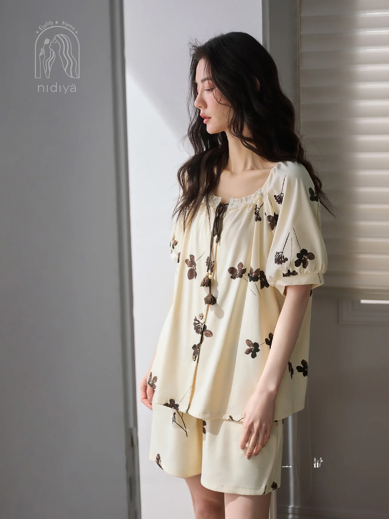nidya-women's-summer-sleepwear-soft-cotton-short-sleeve-floral-print-home-clothes-set-comfortable-breathable-loose-fit