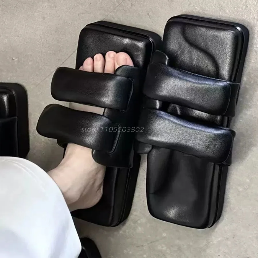 Women Soft Padded Leather Double Strap Slide Sandals Square Toe Platform Flat Slippers Summer Casual Outdoor Walking Daily Shoes
