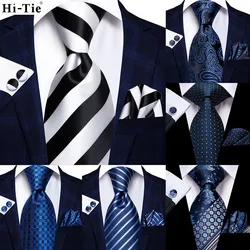Hi-Tie White Striped 63inch Men Extra Long Ties for Men Woven Classic 160cm Mens Necktie Pocket Square Set Cufflinks
