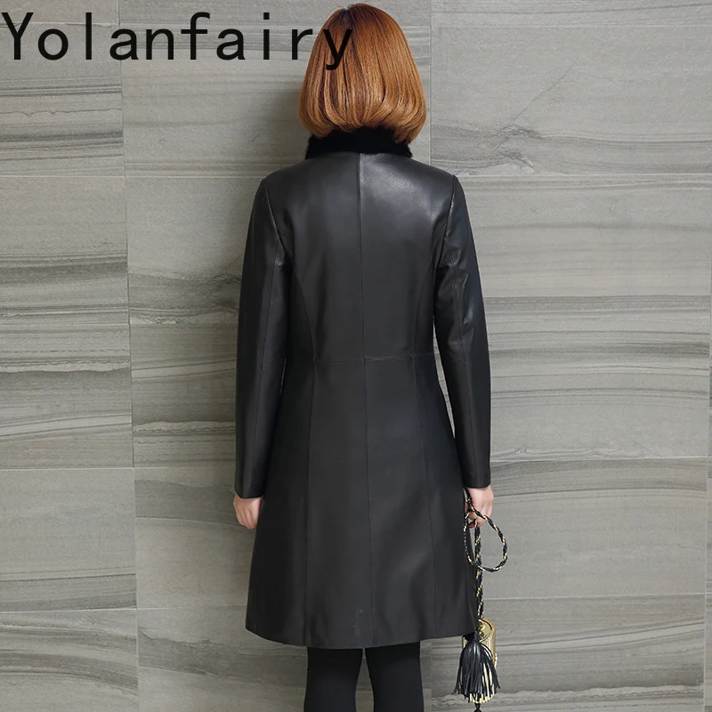 YOLANFAIRY 2025 Herbst Winter Echt Schaffell Echtes Leder Jacke Frauen Mid-länge Pelzmantel Nerz Pelz Liner Graben mäntel Schlank