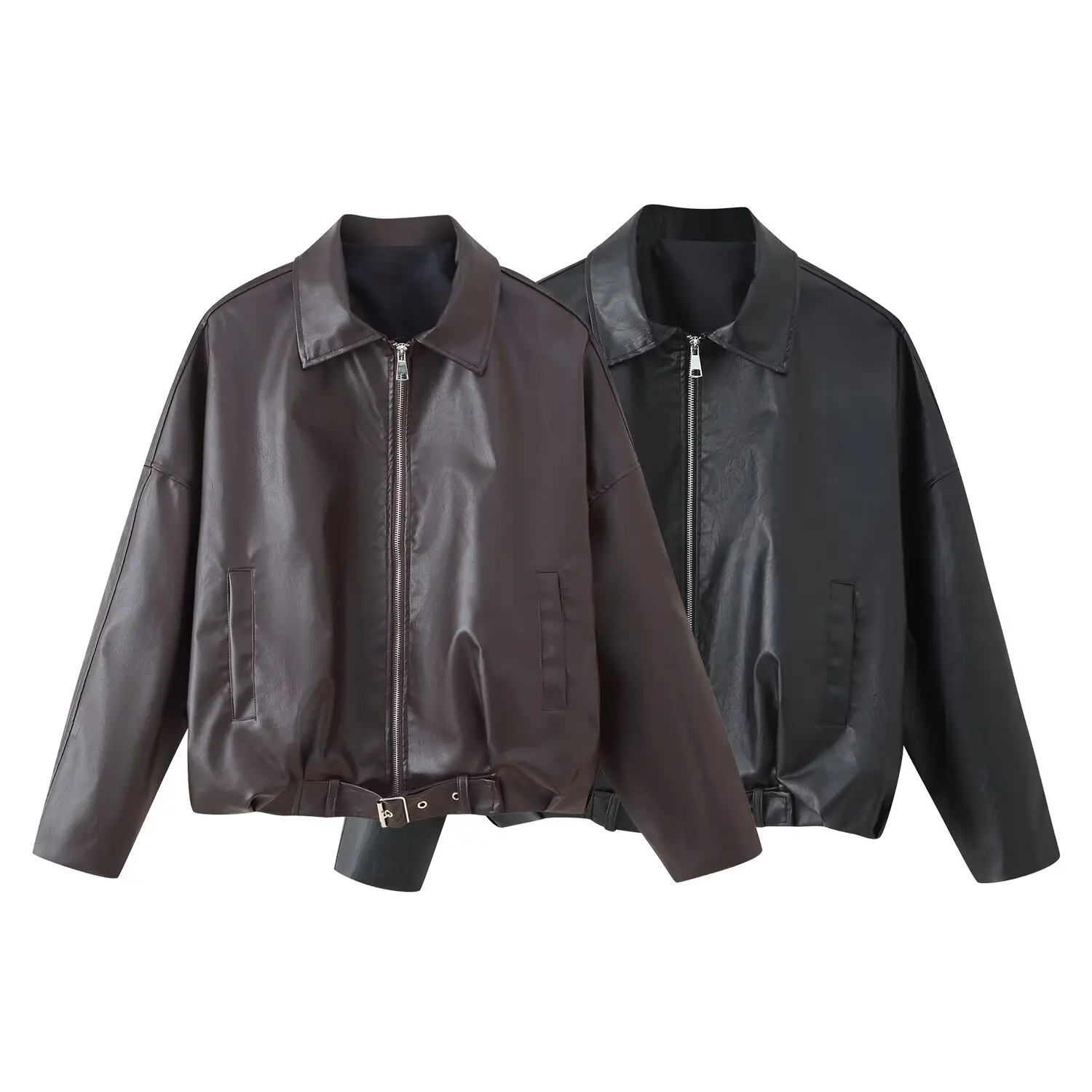 Kurtka pilotka z retro skóry PU, nowość na jesień 2025, damska kurtka z długim rękawem, zapinana na zamek, z kieszeniami i paskiem.