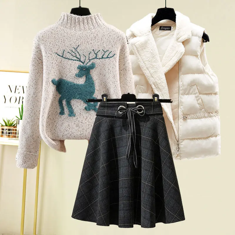 Deer Embroidered Knitted Sweater Pullover Lamb Fleece Tank Top Checkered Half Skirt 3-Piece Set Fashionable Women's Skirt Set