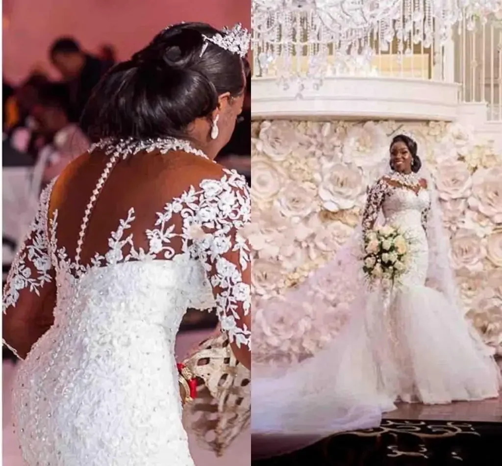 Personalizado nova menina negra africano plus size sereia rendas vestidos de casamento manga longa alta pescoço princesa vestidos vintage nigéria