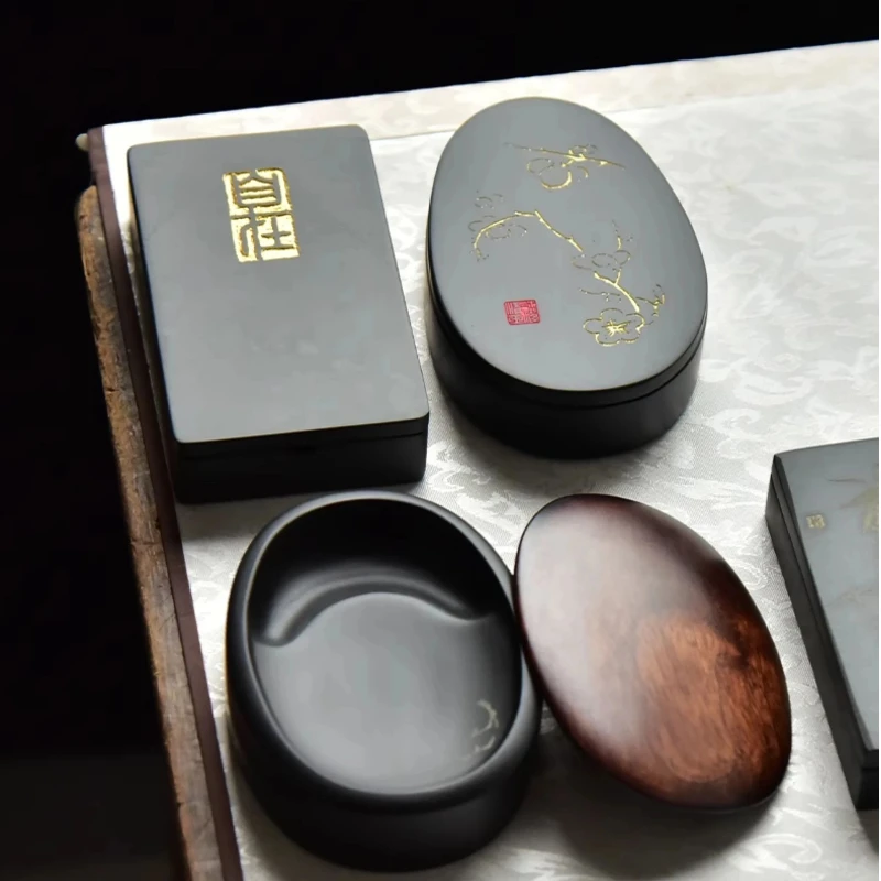 Portable Natural She Ink Stone with Lid for Calligraphy Painting Practice Beginners Chinese Style Ink Stick Stone Study Supply