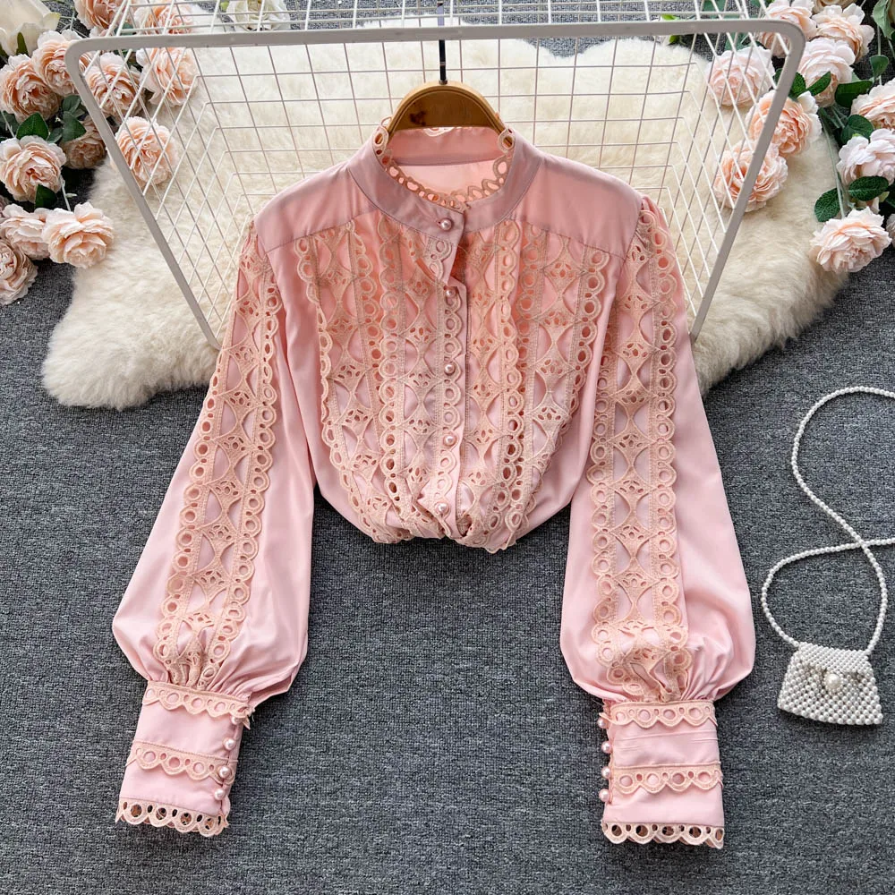 Autumn New Retro Hollow Lace Lace Stitching Puff Sleeve Shirt Women's Stand-up Collar Single-breasted Western-style Loose Top