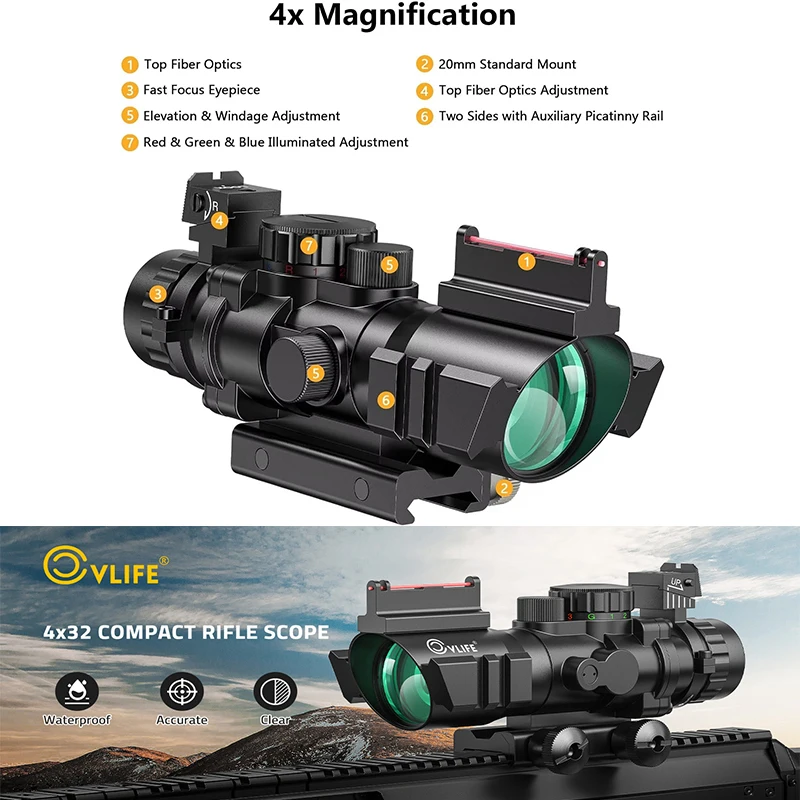 

VLIFE 4x32 Prism Rifle Scope Red & Green & Blue Illuminated Reticle Compact Riflescope with Fiber Optic Sight for 20mm Picatinny