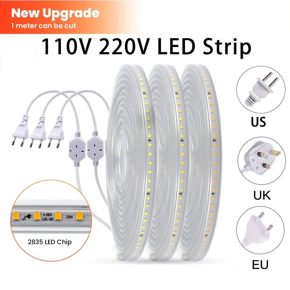 

AC 110V 220V LED Strip 2835 High Safety 120Leds/m Flexible LED Light Tape Ribbon Waterproof Outdoor Lamp with UK/EU/US Plug