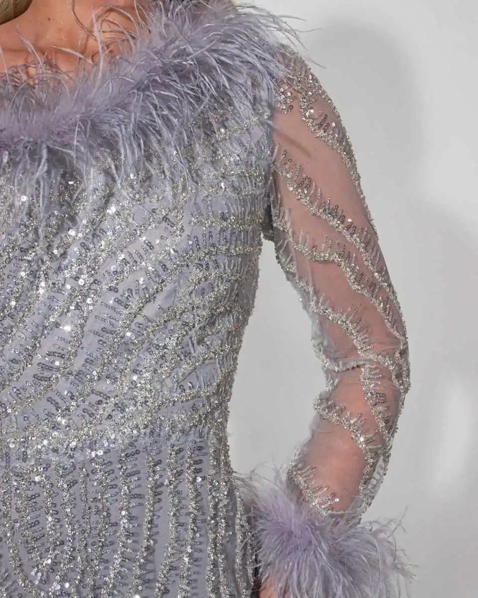 Robe de soirée sirène de luxe, asymétrique épaule dénudée, manches longues, plumes, paillettes, robe de soirée de mariage, personnalisée