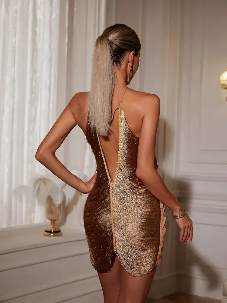 Sexy Glossy Backless Halter Sling Mini Dresses Women Elegant Sleeveless Bodycon Short Gown 2024 New Lady Chic Evening Party Wear