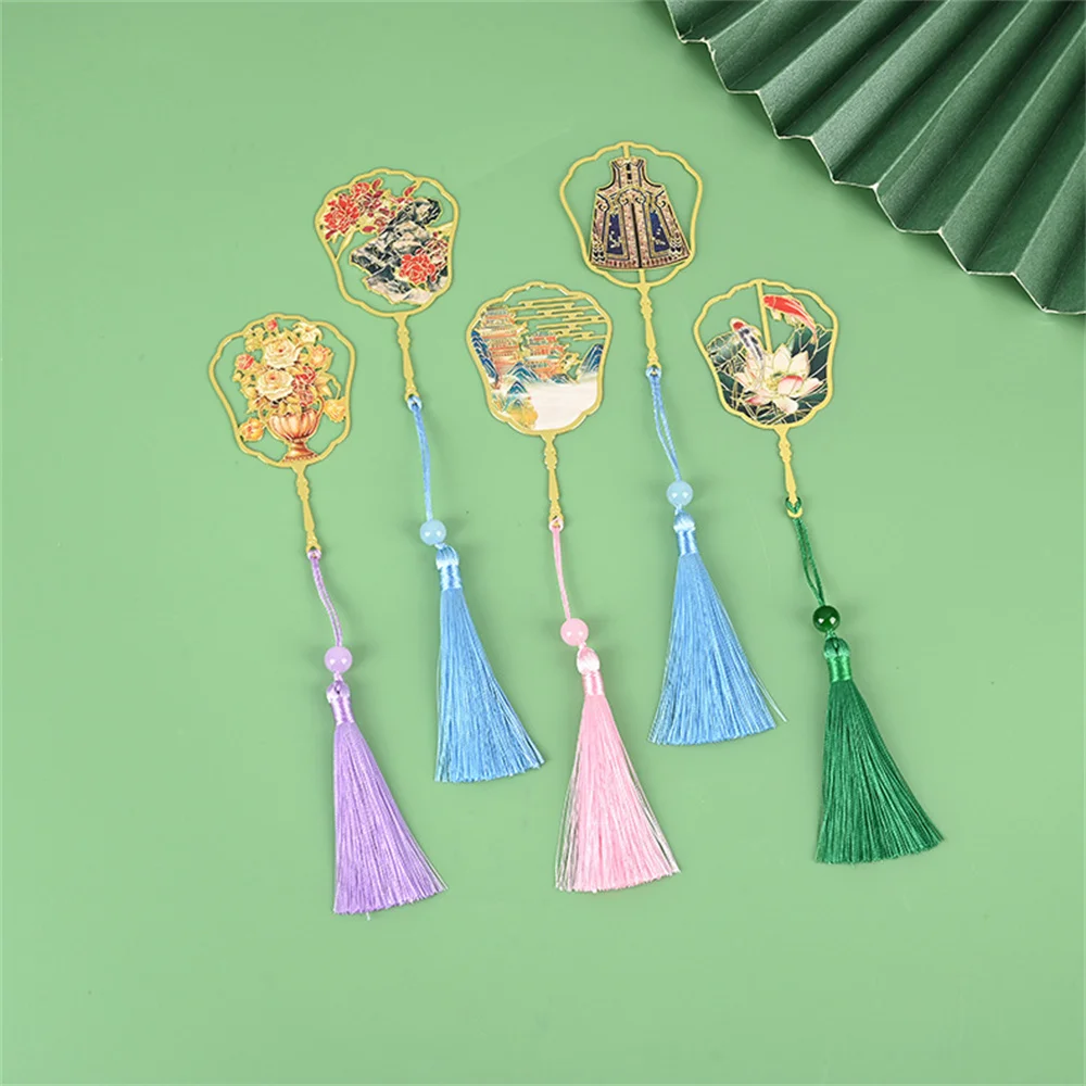 Metal Bookmark Chinese Ancient Fan Landscape Scenery Bookmark with Tassels Stationery Gift for Reader Student