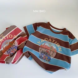 Children T-shirt 2024 Summer New Boy Wide Strip Short Sleeve Cartoon Printed Korean Style Fashionable Short T Shirt Top Trend