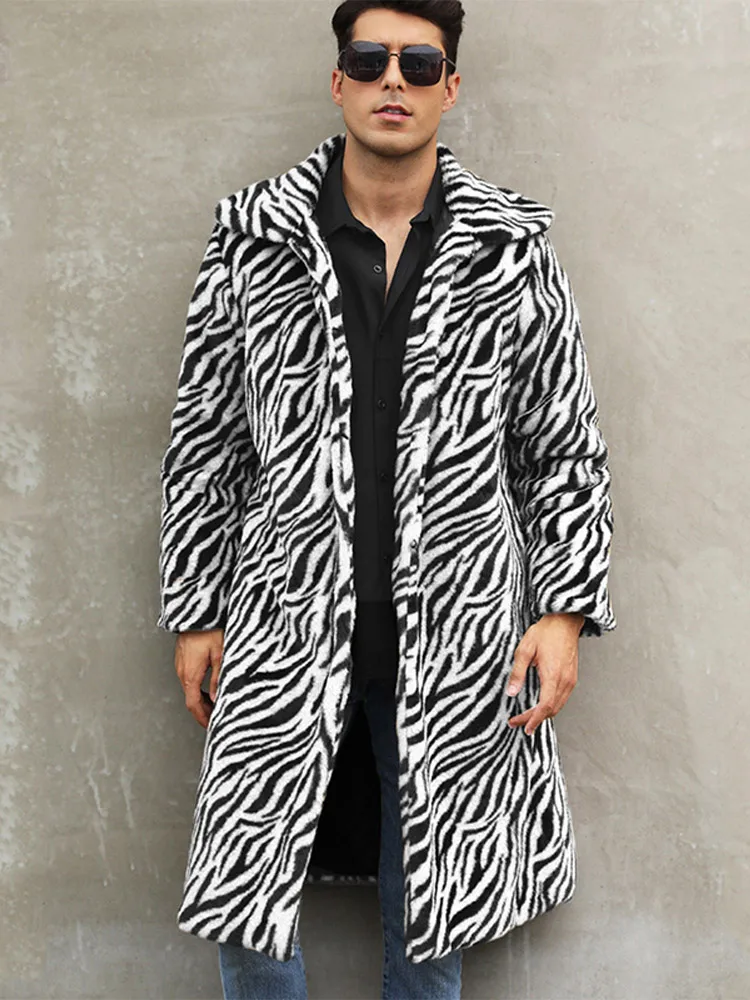 Zebra Print Imitation Fur Long Coat Men's Long Sleeved Square Collar Warm Plush Jacket 2024 Autumn Winter Fashion Street Coat