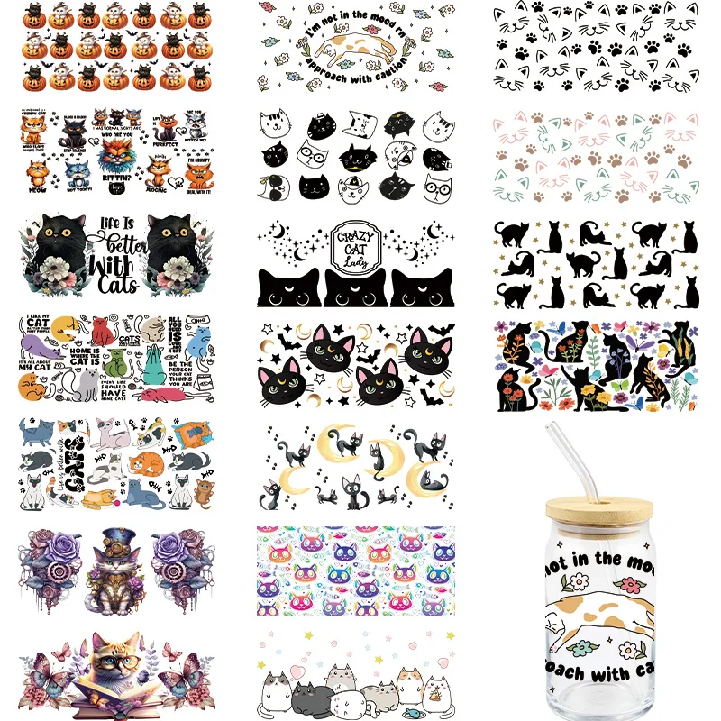 Cartoon Cat UV DTF Wrap Transfer Stickers Funny Cute Design Waterproof Wrap For Bottles Coffee Cups Mugs Decal