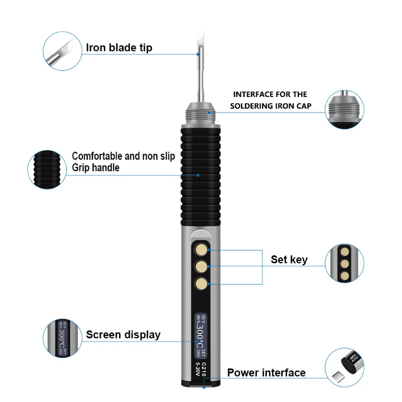 Ferro de solda com display digital inteligente c210, concha de liga de alumínio 5-20v, ferramentas de soldagem de diagnóstico de reparo, fábrica pcba