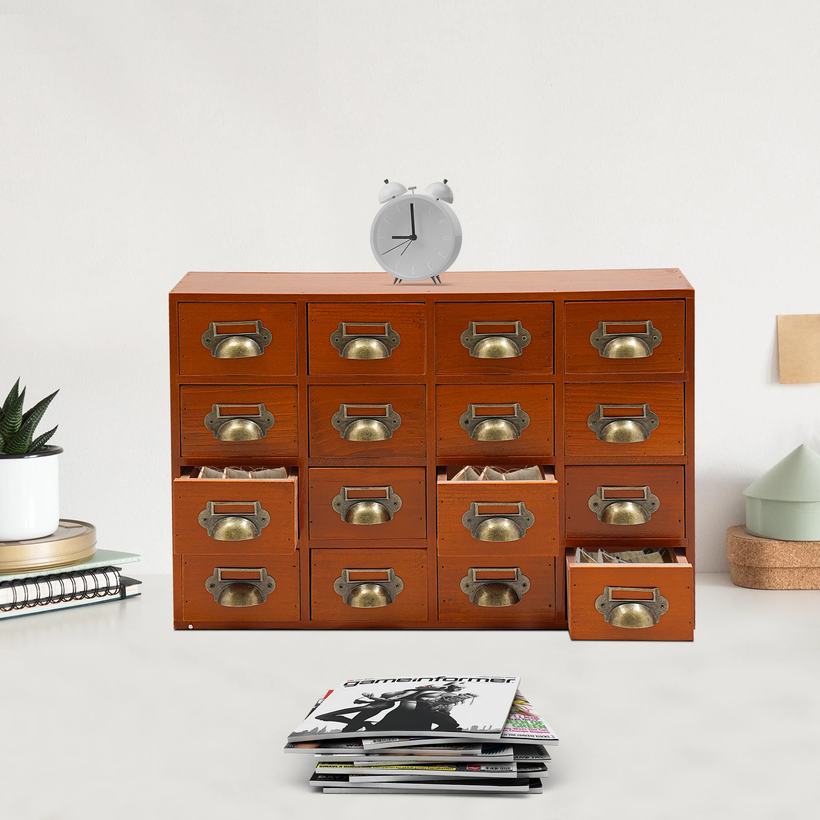 4-stöckiger Mini-Schubladenschrank, Premium Massivholz Aufbewahrungsschrank, 16 Fächer Vintage Organizer, Mini Apothekerschrank Braun