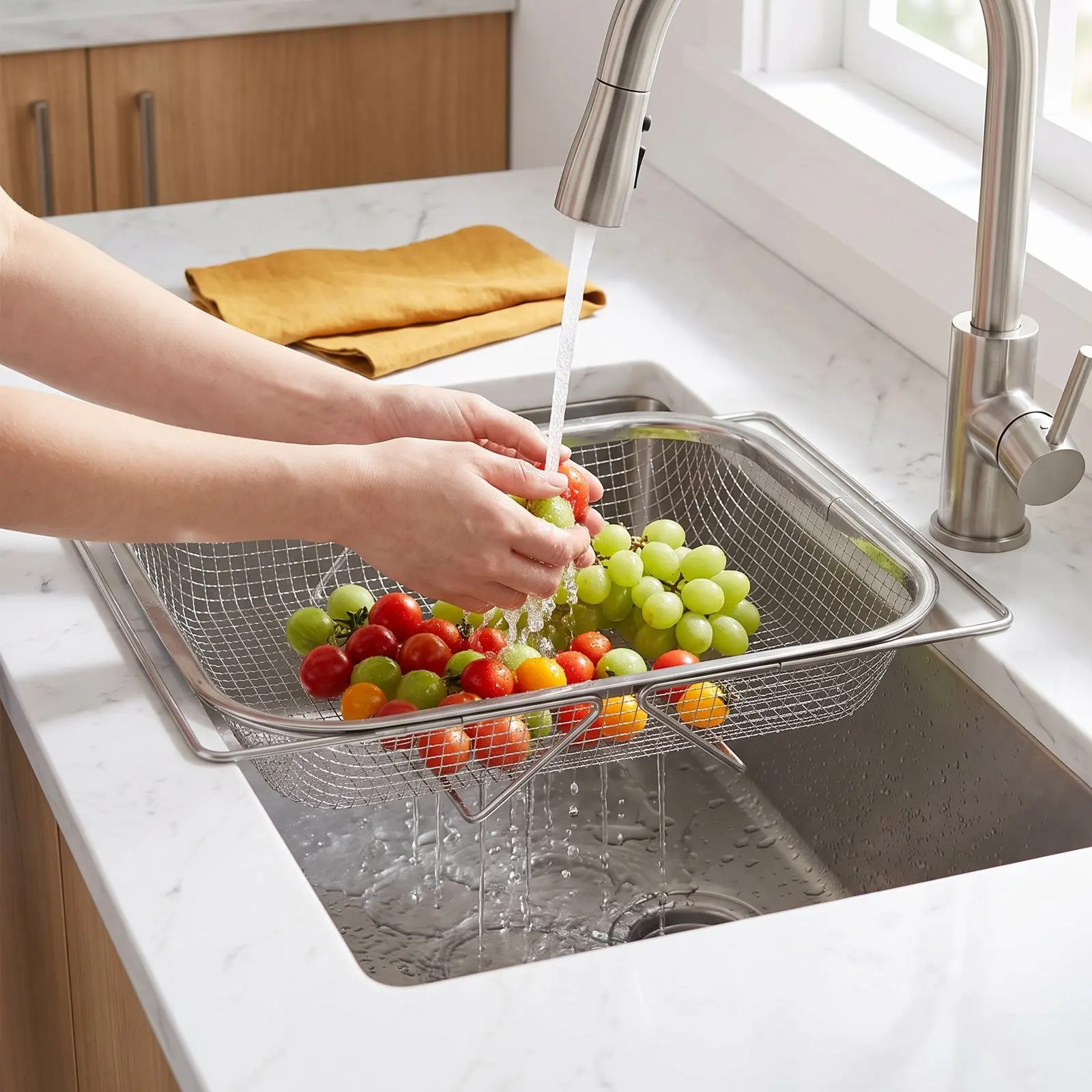 Retractable Stainless Steel Sink Basket Extendable Drain Basket for Kitchen Fruit Washing Vegetable Draining Dish Drying