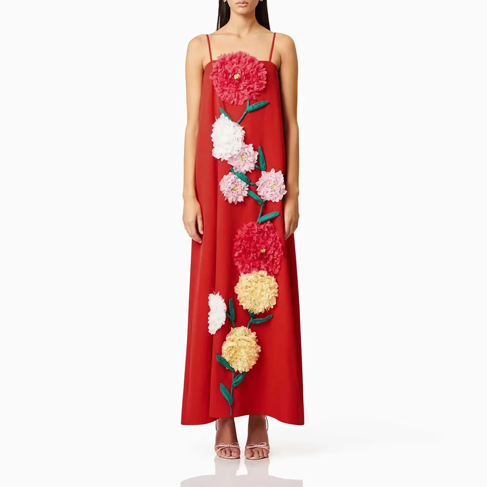 TWOTWINSTYLE Colorblock Slimming Fashion Dresses for Women Square Neck Sleeveless Patchwork 3D Flower Midi Dress Female Clothes