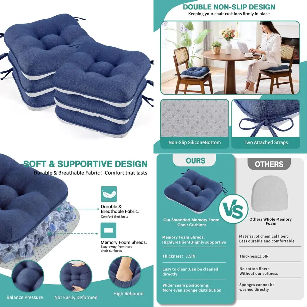 BETU Chair Cushions for Dining Chairs Set of 6,3.5 Thick Kitchen Table Chair Pads with Ties,Non Slip Backing and Covers, Seat Cu