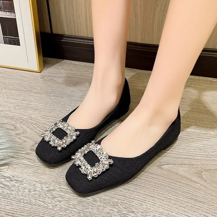 Black Satin Cloth Flats Shoes Woman Basic Sequined Rhinestones Crystal Diamond Buckle Flats Fashion Bridal Shoe Work Women Shoes