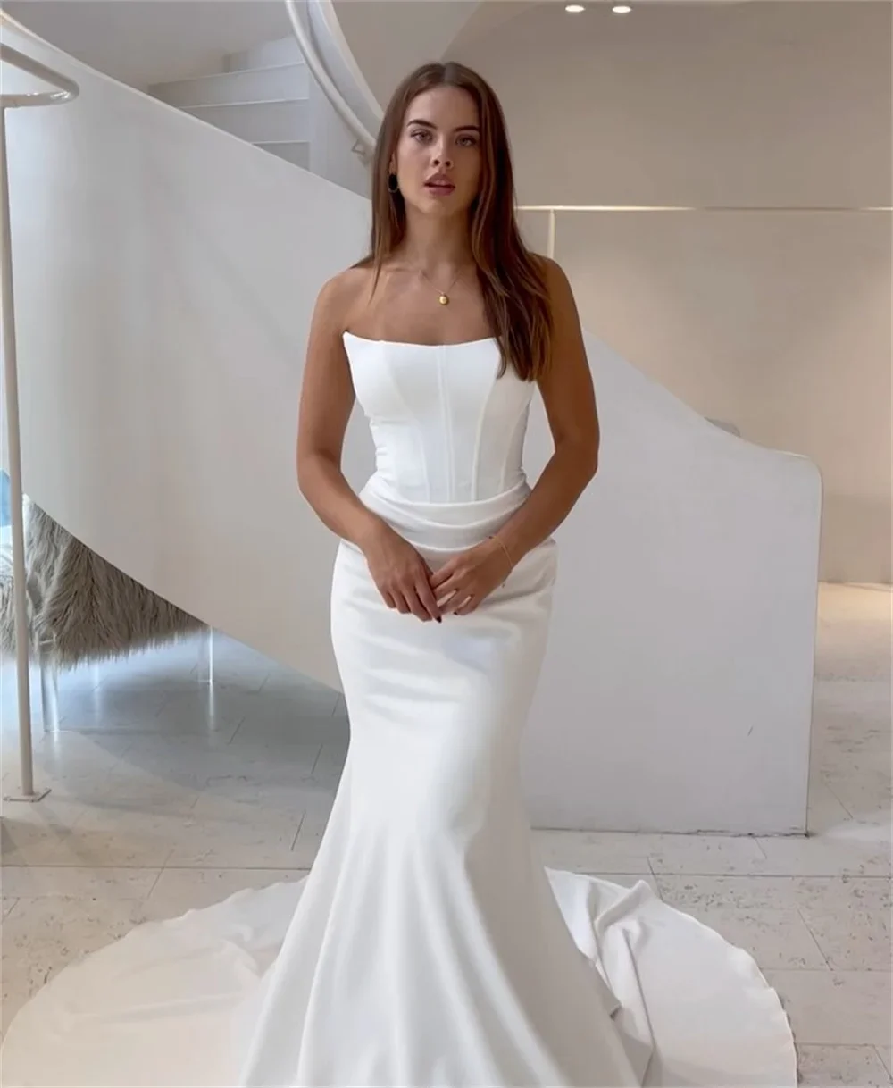 Simples clássico sereia vestido de casamento 2026 sem alças plissados cetim varredura trem noiva vestidos de noiva