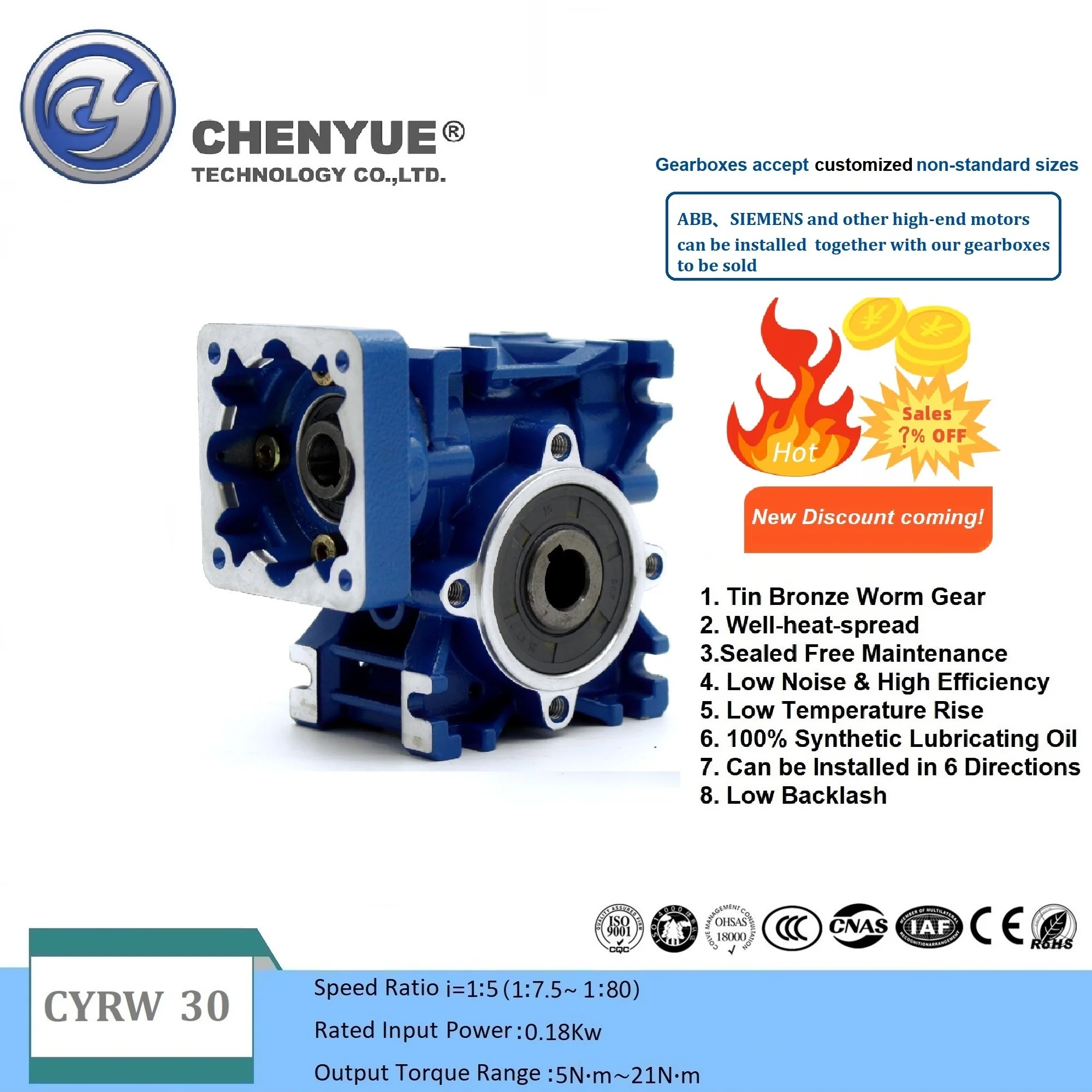 CHENYUE High Torque Worm Gearbox NMRW 30 CYRW 030 Series Input 11/9mm Output 14mm Ratio 5:1/80:1 Suppliers Free Maintenance