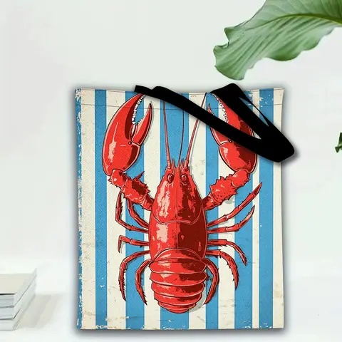 1pc Stylish Retro Red Lobster Print Tote Bag Large Capacity Durable Polyester Casual Shoulder Bag with Fixed Strap for Shopping