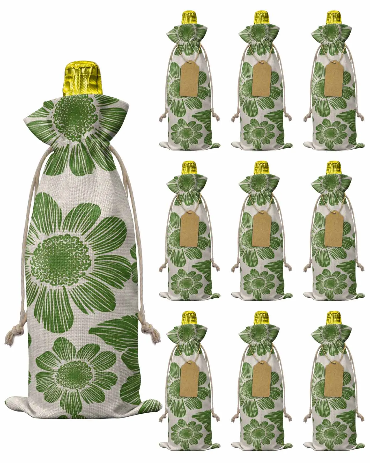 

10pcs Wine Bottle Covers Green Pastoral Linen Texture Wine Holder Carrier Packaging Bag Wedding Party Decor Gift