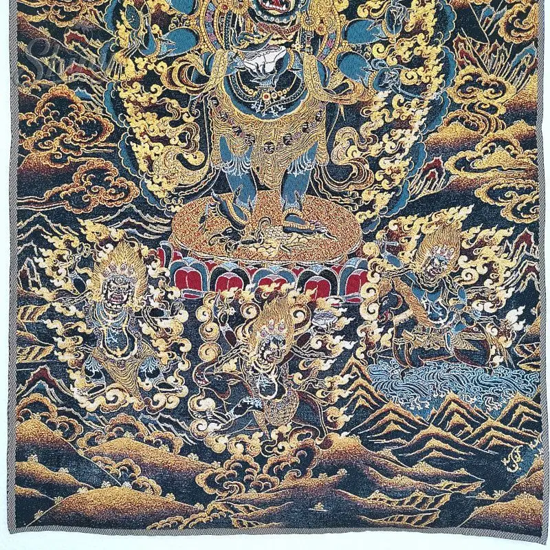 35.4″ Six-Armed Black Mahakala Brocade Tibetan Tangka Embroidery Painting Gold Thread Embroidery Decorative Hanging Pictures