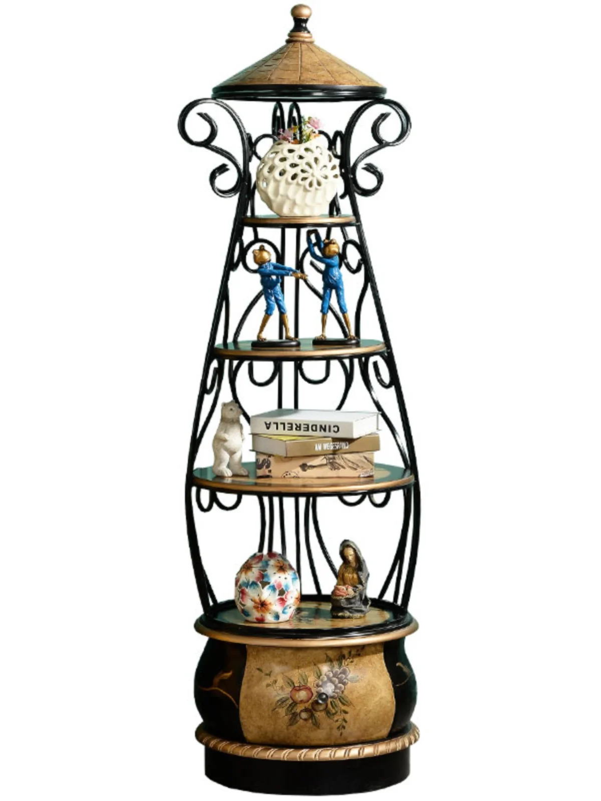 

American wrought iron birdcage shelf solid wood storage rack floor-to-ceiling home living room decorative rack balcony bedroom