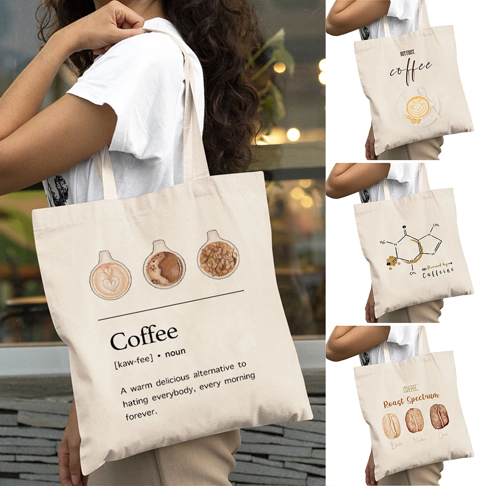 Bolsa de Compras Elegante con Diseño de Café, Cafeína y Cacao para Mujer, Bolsa de Mano Ecológica Casual de Gran Capacidad, Bolso Tote con Doble Estampado para Mujer