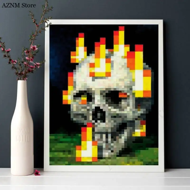 1 Stück lebendiges Pixel-Schädel- und Flammen-Leinwandposter – ungerahmter Kunstdruck für Schlafzimmer, Büro, Wohnzimmer-Dekoration, Totenkopf-Dekor