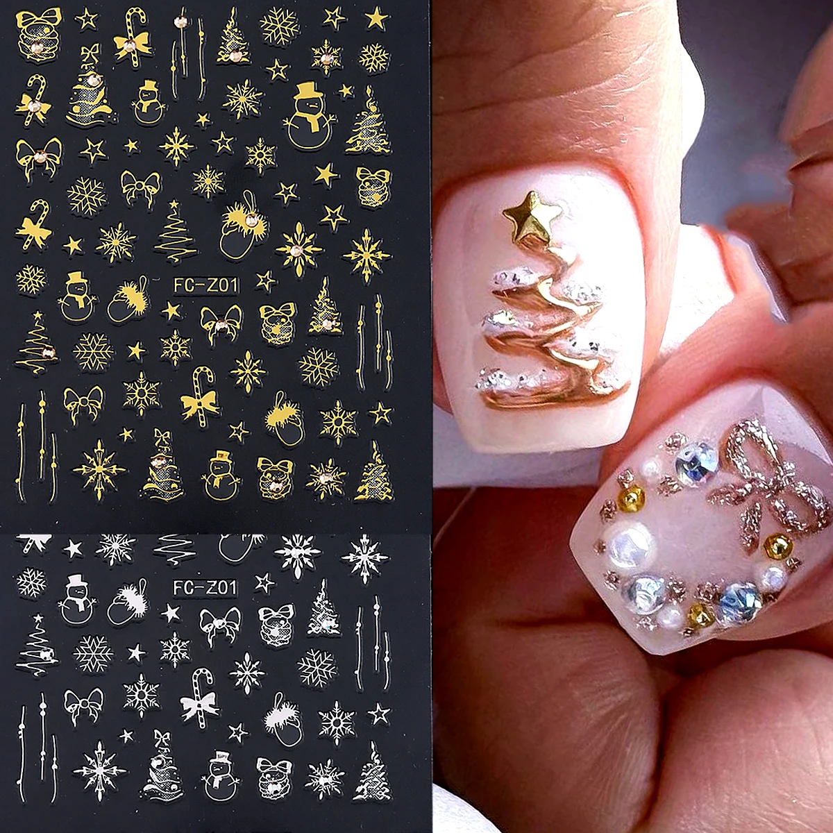 Metallic Christmas Nail Stickers Gold Silver 3D Christmas Tree Snowflake Snowman Bow Star Winter Xmas Holiday Nail Art Decoratio