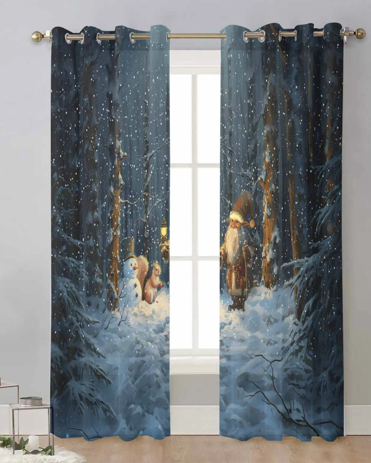 Christmas Tree Forest Dwarf Snowman Squirrel Sheer Curtains for Living Room Printed Tulle Window Curtain Luxury Home Drapes