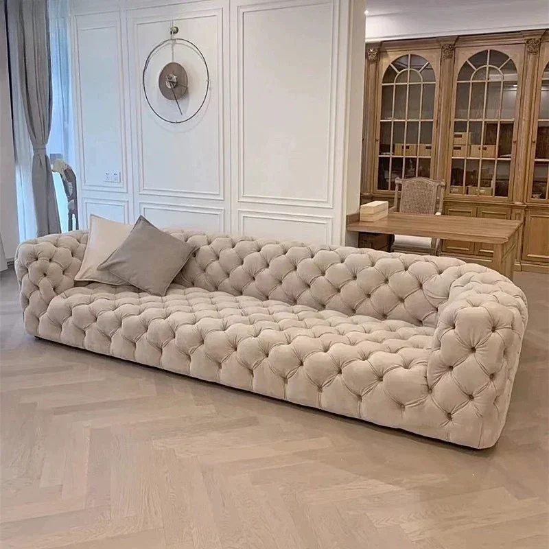 American modern light luxury  surface pull-up sofa, living room fleece cream Internet celebrity  straight sofa