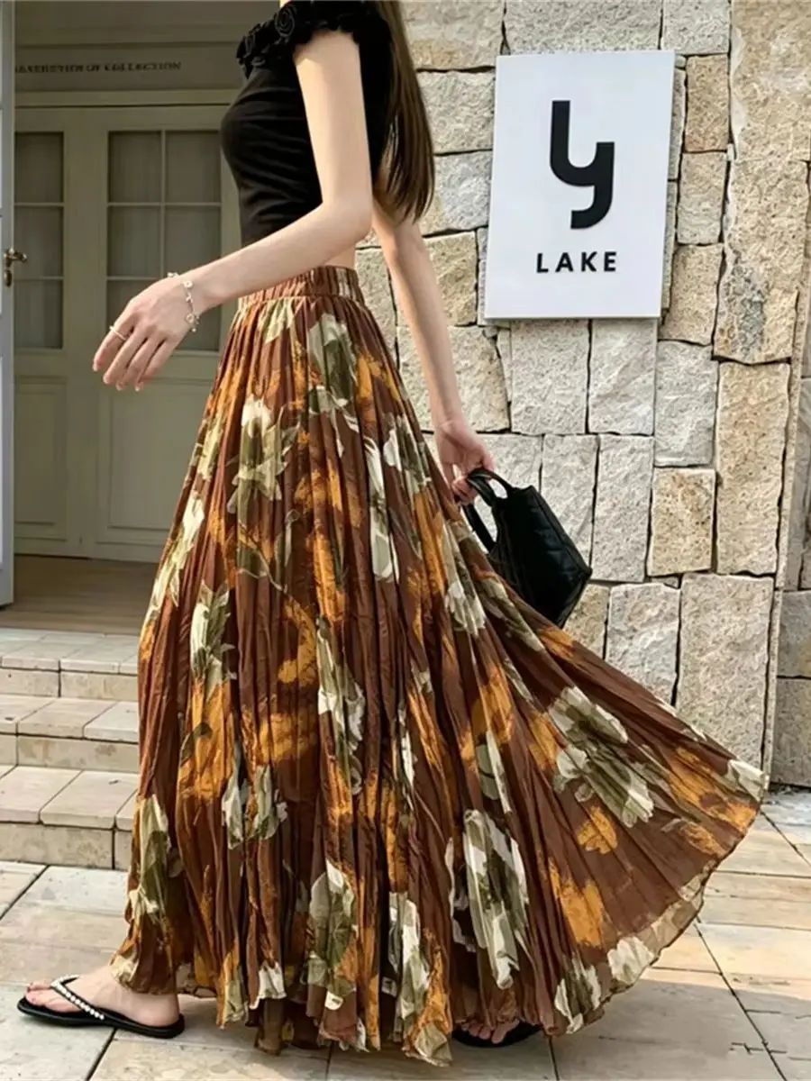 Women's Floral Print Folds Design Midi Skirts Summer Fall Fashion Elastic Waist Pockets Bohemian Casual A-line Skirts