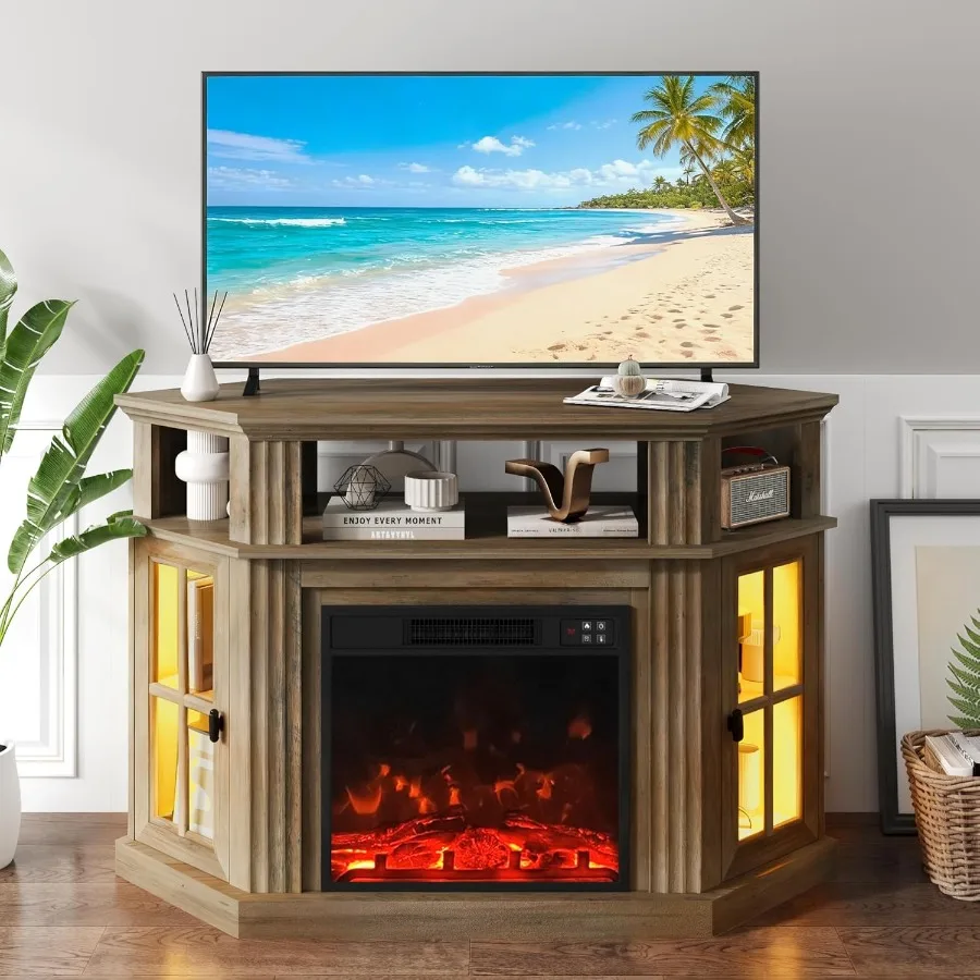 

YESHOMY LED Corner Fireplace TV Stand with Ambient Mood Lighting Designed for TVs up to 55 inches Features Built-in Storage Cab