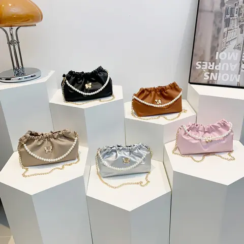 Women PU Butterfly Handbag Fashion Shoulder Bag Pearl & Chain Strap Stylish Messenger Bag Solid Color for Party Vacation