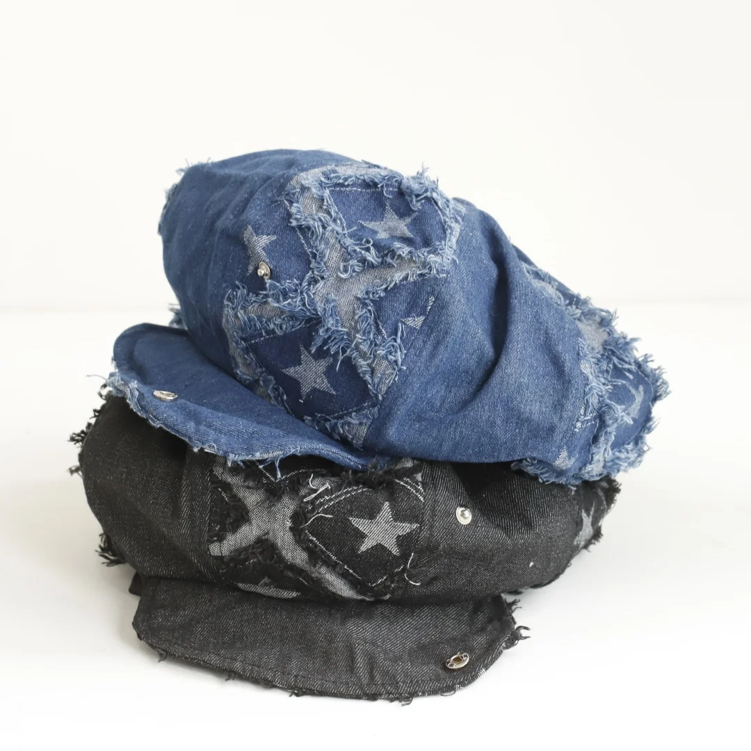 Y2k Rough Edge Star Design Denim Berets Caps Showing Face Small Spring and Autumn Ins New Korean Niche Retro Women's Hats
