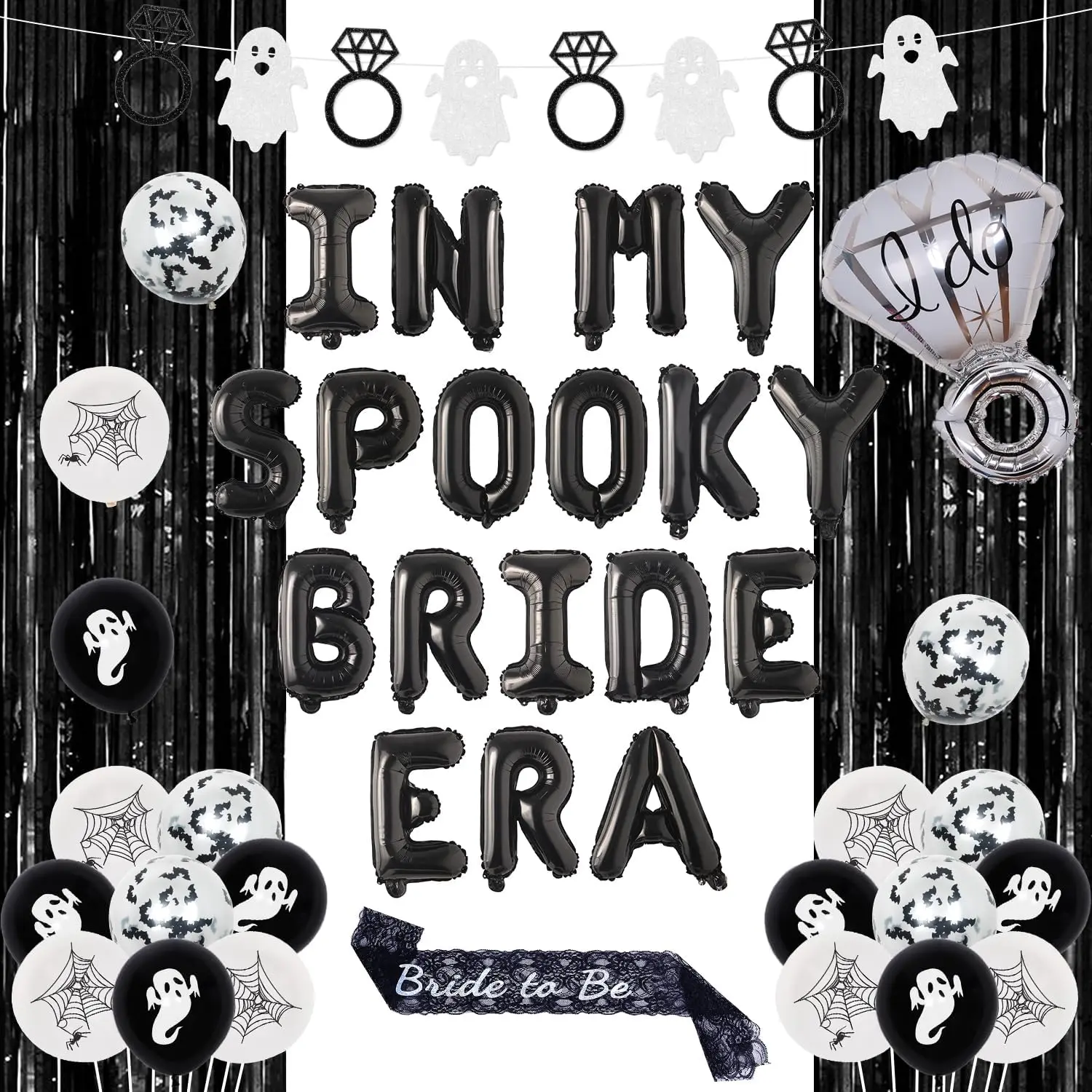 

Halloween in My Spooky Bride Era Bachelorette Party Decor I Do Diamond Ring Foil Balloons Ghost Diamond Banner for Bridal Shower