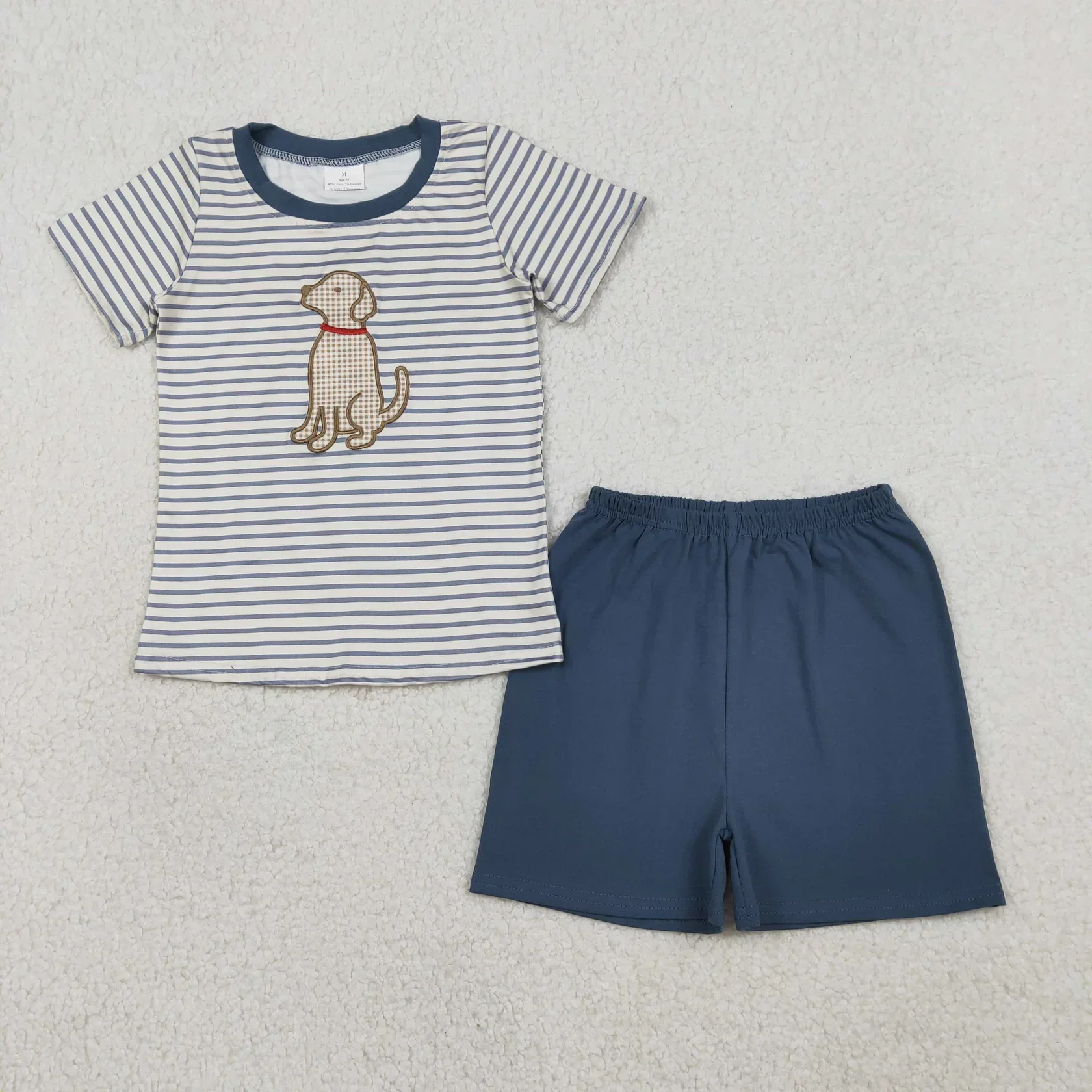 

Wholesale Baby Boy Toddler Short Sleeve Embroidery Dog Stripes Shirt Boys Clothes Children Kids Set Blue Cotton Shorts Outfit