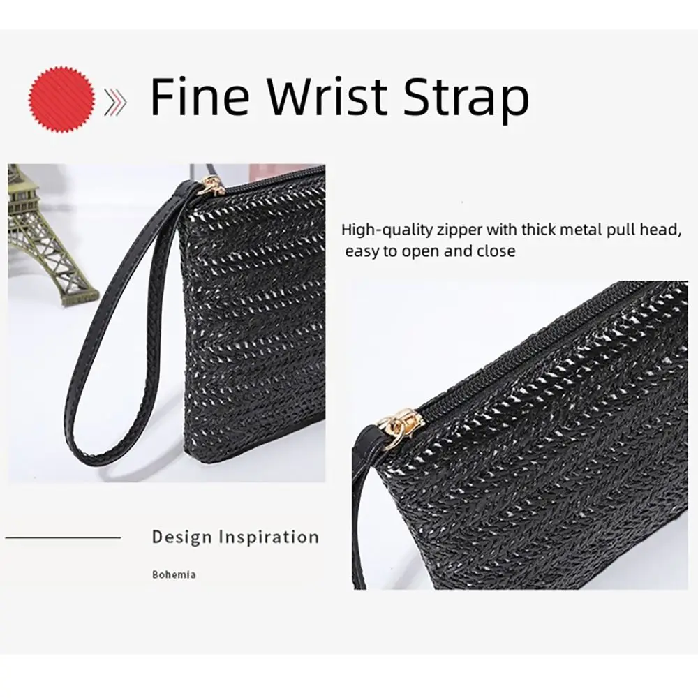 Bolsa de moedas artesanal saco de palha grande capacidade simples tecelagem saco titular do cartão lazer viagem