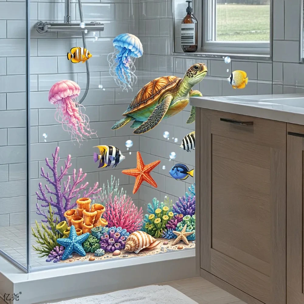 1pc Underwater World Sea Turtle Electrostatic Sticker Suitable for Bathroom, Kids Room, Living Room, A Fun Gift for Ocean Lovers