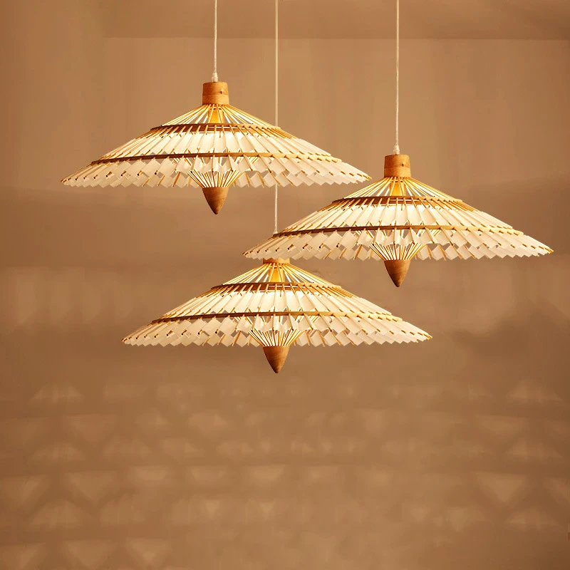 SANDYHA Bamboo Woven Pendant Lighting Chinese Style Creative Umbrella Restaurant Led Lamp for Dining Room Study Chandelier Decor