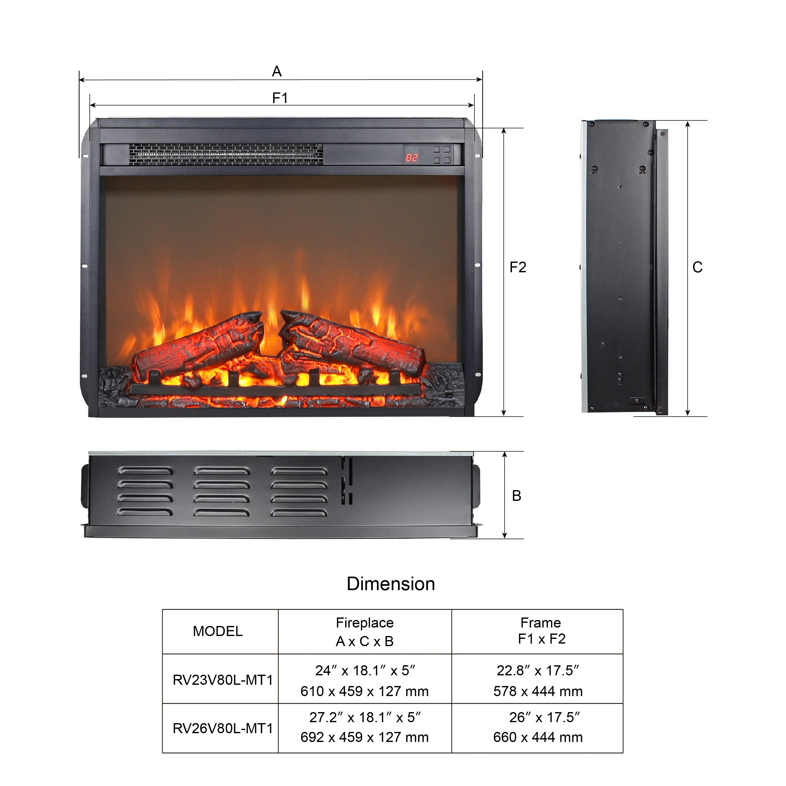 26/23 Inch Electric Fireplace Insert Ultra Thin Heater W/Log Set&Realistic Flame&Remote Control&Timer Overheating Protection